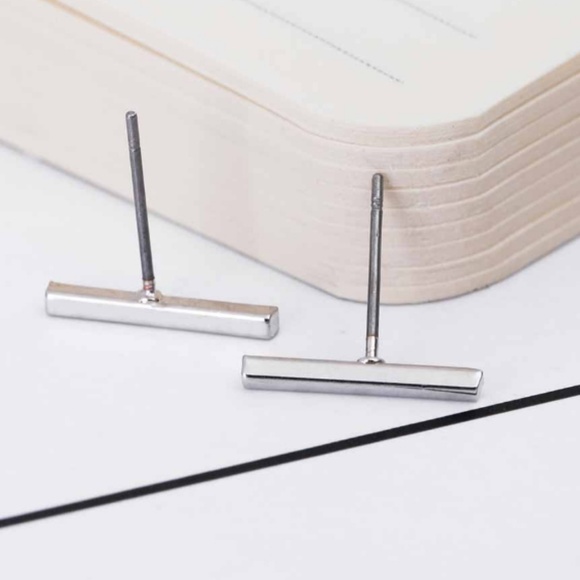 Silver Tone Bar Simple Minimalist Studs - Picture 2 of 3